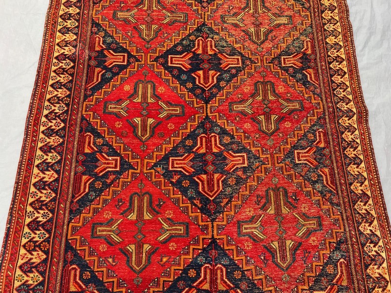 Vintage Afghan Sumak Kilim Rug 5.2x7.4 ft Hand Woven Red Navy Geometric Carpet gallery