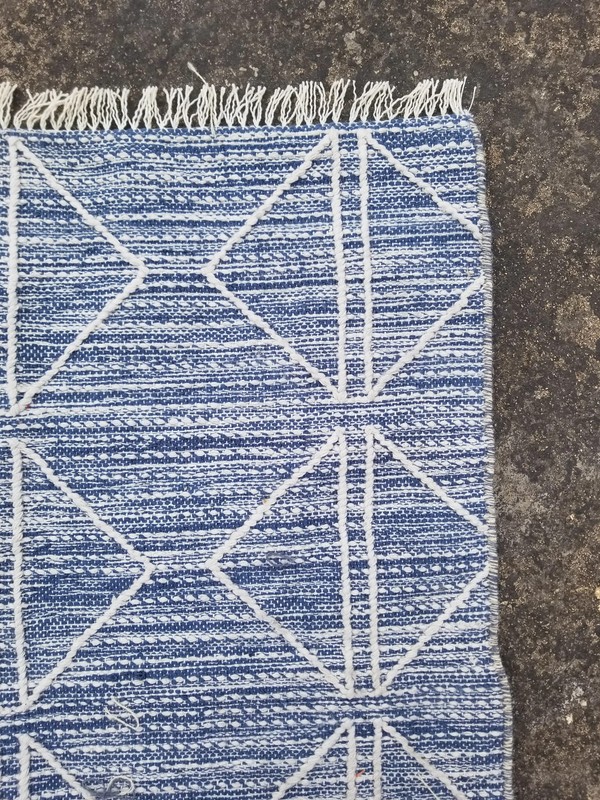 Vintage Handwoven Geometric Design Wool Blue & White Kilim Rug 4.8x3.6 ft gallery