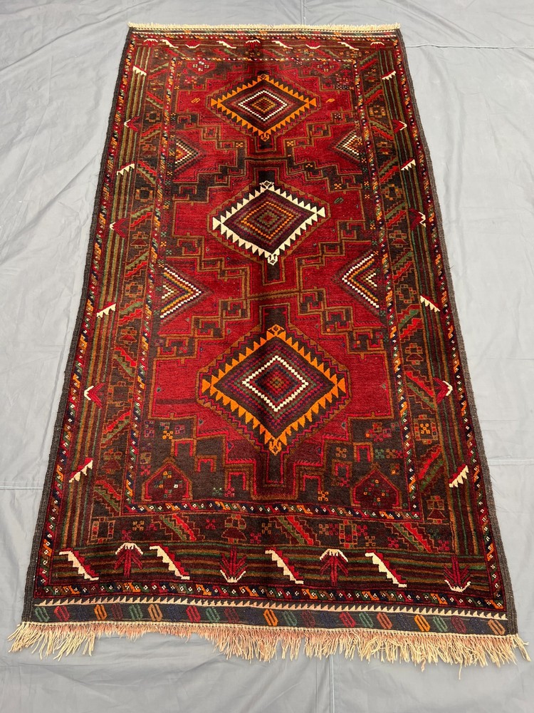 3'9x7'2 ft Vintage Afghan Geometric Diamond Hand Knotted Tribal Runner Rug