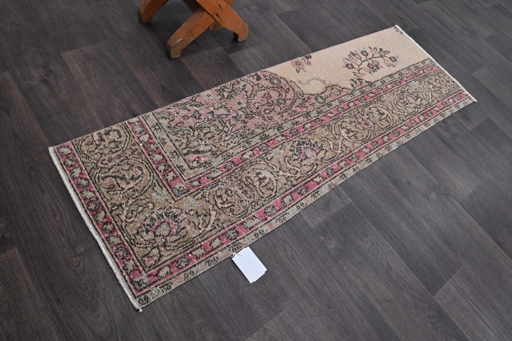 Vintage Turkish Runner Rug 2x5ft Wool Anatolian Handmade Hallway Oushak MAUVE