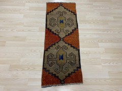 Antique Turkish Rug 1.3×3.4 ft Vintage Burnt Orange Tribal Small Carpet Boho Mat