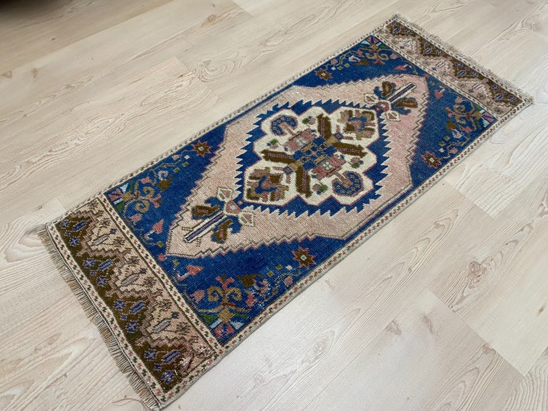 Narrow Turkish Small Rug 1.3 x 3.2 ft Vintage Wool Hallway Boho Carpet gallery