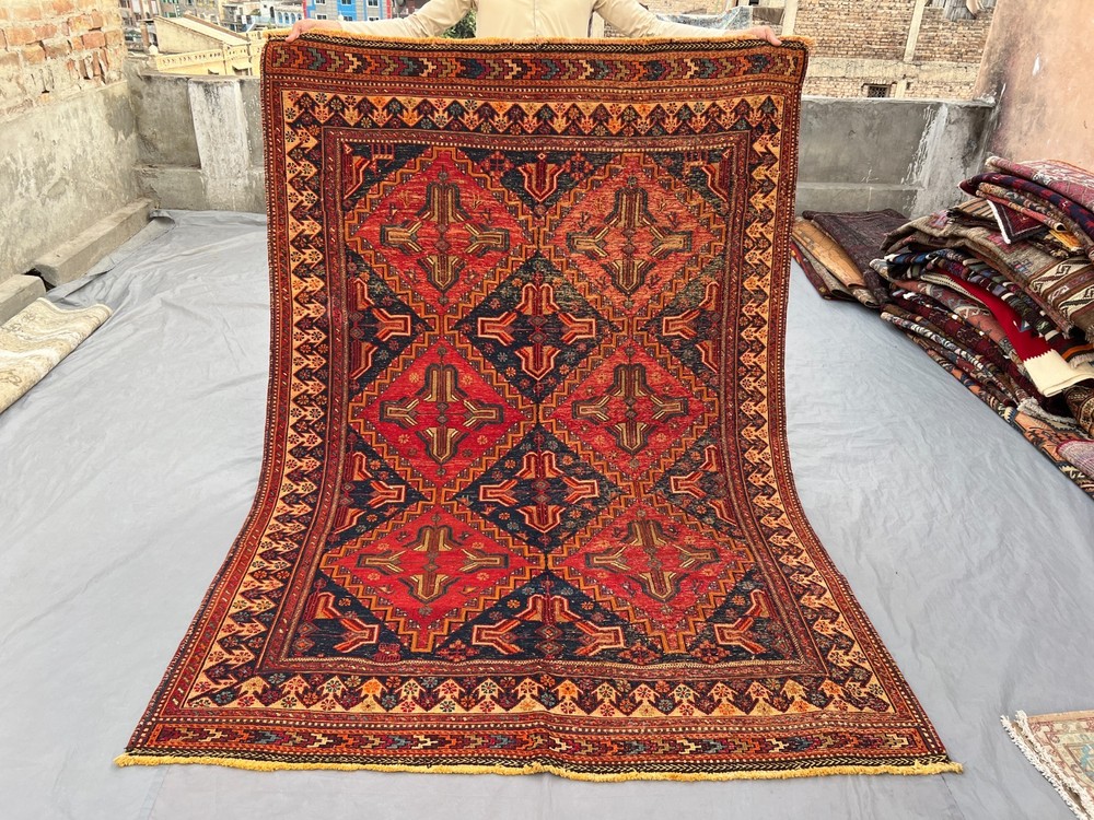Vintage Afghan Sumak Kilim Rug 5.2x7.4 ft Hand Woven Red Navy Geometric Carpet