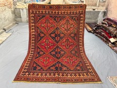 Vintage Afghan Sumak Kilim Rug 5.2×7.4 ft Hand Woven Red Navy Geometric Carpet