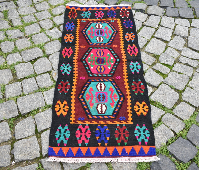 Vintage Turkish Rug 19'' x 43'' Anatolian Sivas Kilim Small Door Mat Wool Rug gallery