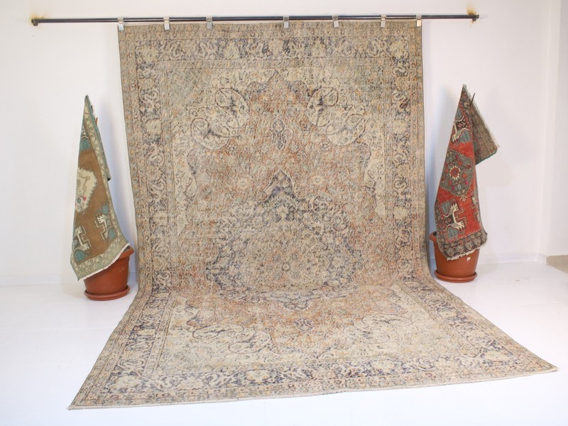 7x11 Beige Blue Oversize Area Rug, Handmade Turkish Rug, Wool Rug, 6.7x10.8 Ft gallery