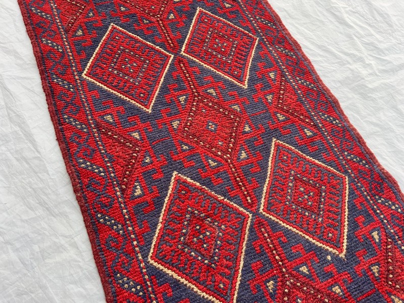Vintage Handmade Mishwani Runner Rug – Red & Blue Tribal Wool Kilim Entryway Rug gallery