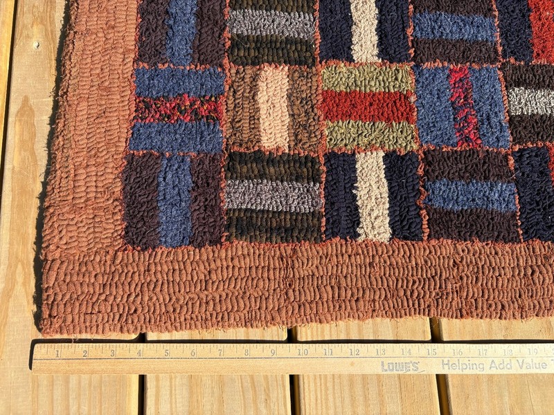 Vintage Bars in Squares Geometric American Hooked Rug 46'' X 25'' Antique 1940's gallery