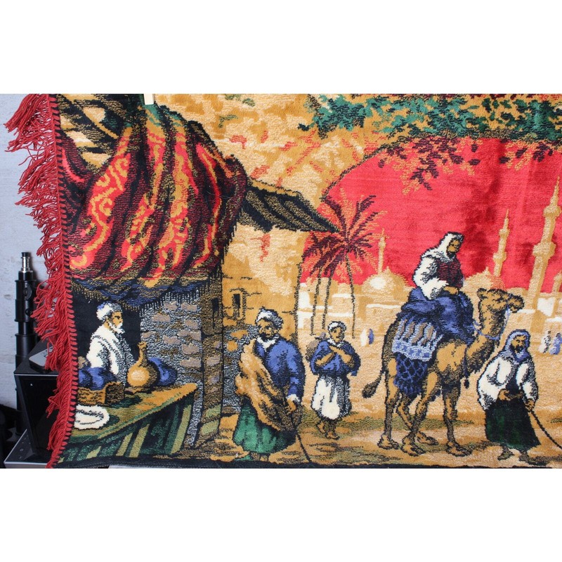 Vintage Thin Prayer Area Rug with Temple Pictured on it Camels Market Scene gallery