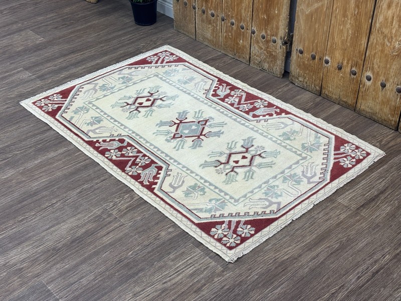 3x5 Vintage Neutral Turkish Rug, Hand-Knotted Antique Wool Rug, White Red Rug gallery