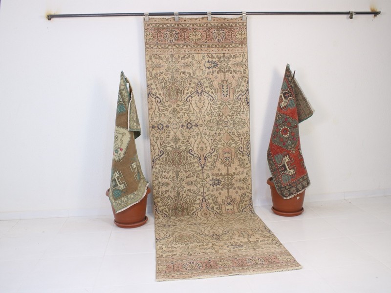 3x10 Brown Runner Rug, Handmade Turkish Rug, Vintage Floral Muted, 3.0x9.6 Ft gallery