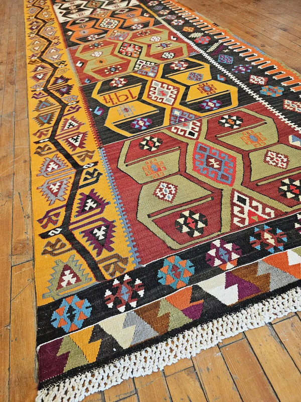 Dated 1977 Vintage Natural Dye Wool, Flat-Woven Kilim Runner 3'3" X 15'4" gallery
