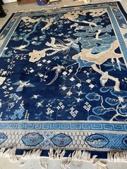 Antique Chinese Peking Rug 9×12 | Navy Blue Phoenix Dragon Deer Pictorial | wool