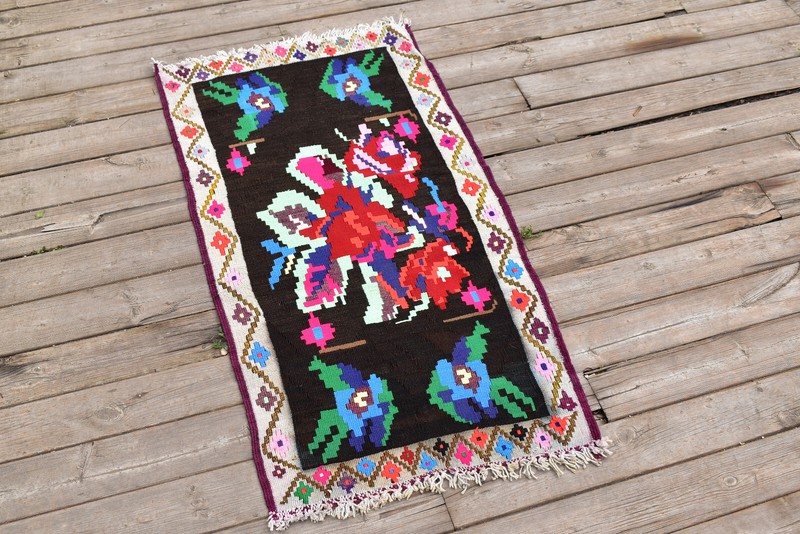 Turkish Kilim Rug 21''x38'' Handwoven Karabag Kilim 55x98cm Vintage Rose Design gallery