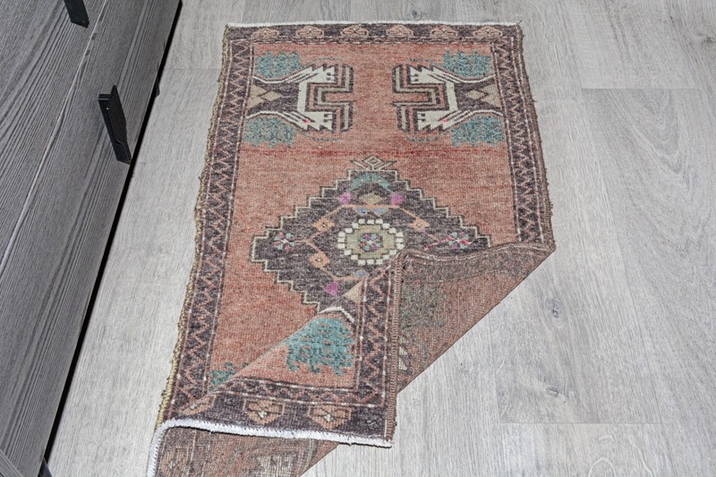 Vintage Turkish Red Rug 20x42 Inches | Small Oushak Rug | Distressed Modern Rug gallery
