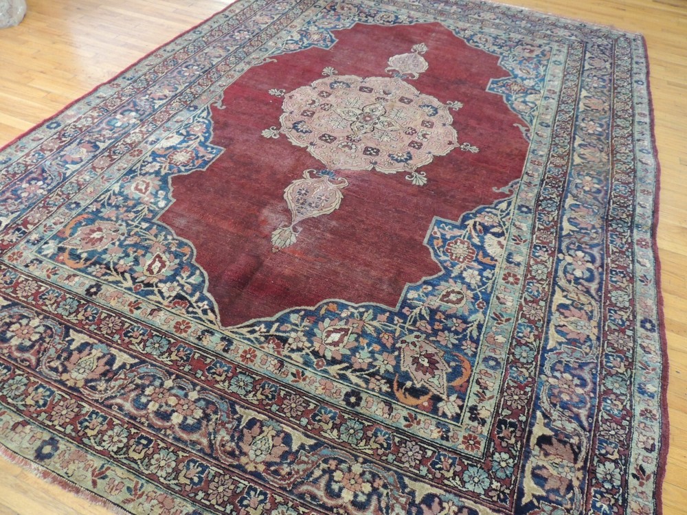 8x12, 9x12 Antique Kermaan wool Oriental Rug Rust Salmon Navy Blue/Green Worn