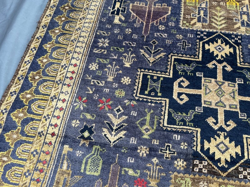 Antique Afghan War Rug 3'9x6'6 – Handmade Wool Tribal Blue Beige Geometric Rug gallery
