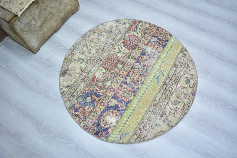 Handmade Round Patchwork Rug, 3.3 ft, Vintage Round Rug, Round Inside Door Mat, gallery