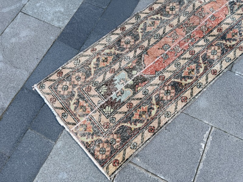 Vintage Turkish Oushak Runner Rug 1.9x12.8 Terracotta Black Hallway Runner Rug gallery