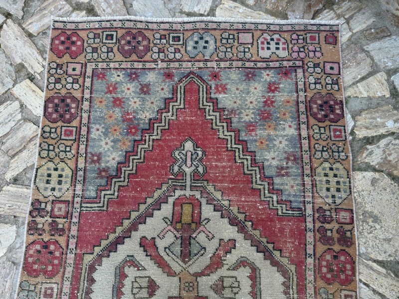 Hand-Knotted Vintage Area Rug 4x9 Red Wool Geometric Carpet Muted Medium Size gallery