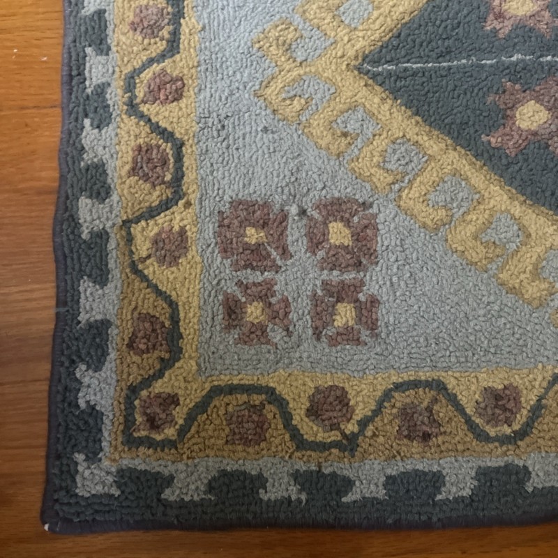 Vintage Signed FOLK ART Hooked Rug 26 x22 Geometric Flynn Flood Blue Carpet Mat gallery