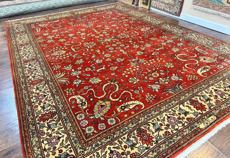 Romanian Rug 10x13 Vintage Handmade Wool Carpet Floral Birds Signed Red & Cream gallery