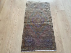 Muted Earth Tone Turkish Vintage Small Rug 1.5 x 2.9 ft with Diamond Medallion