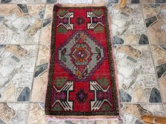 1990s Vintage Turkish Oushak Rug, Tribal Handmade Geometric Area Small Rug 2×3