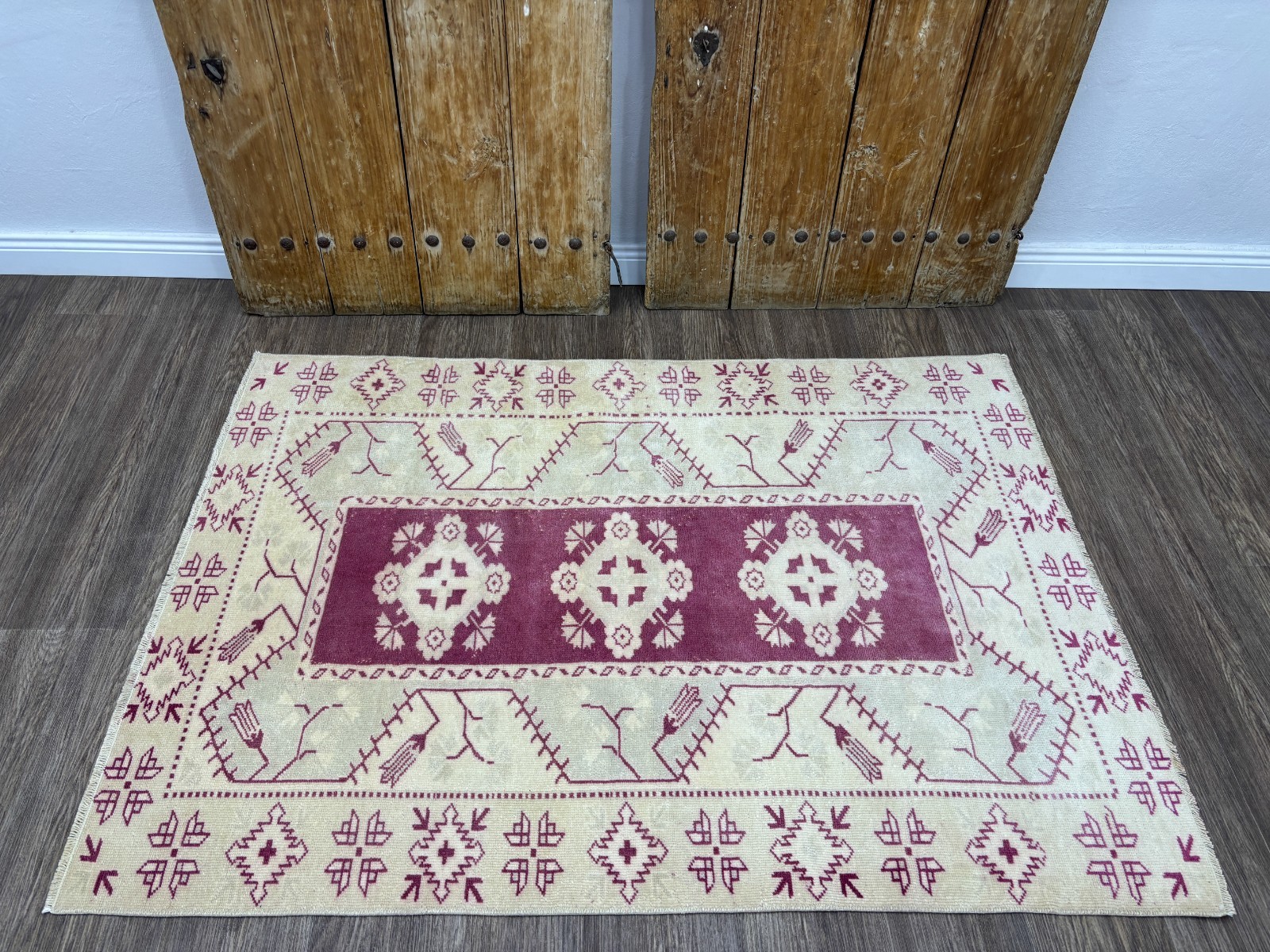 4x5 Beige Pink Green Vintage Turkish Area Rug, Hand-Knotted Wool Bedroom Rug gallery
