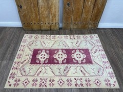 4×5 Beige Pink Green Vintage Turkish Area Rug, Hand-Knotted Wool Bedroom Rug