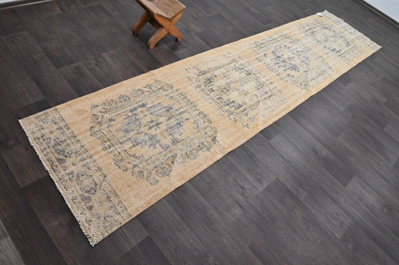 Vintage Turkish Runner Rug 3x12ft Wool Anatolian Handmade Hallway Oushak BEIGE gallery