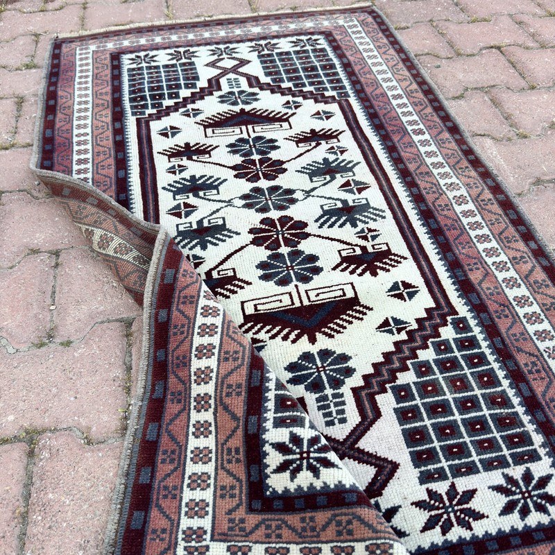 Burgundy Ivory 2x4 ft Vintage Turkish Wool Small Oriental Rug - Tariff Free gallery