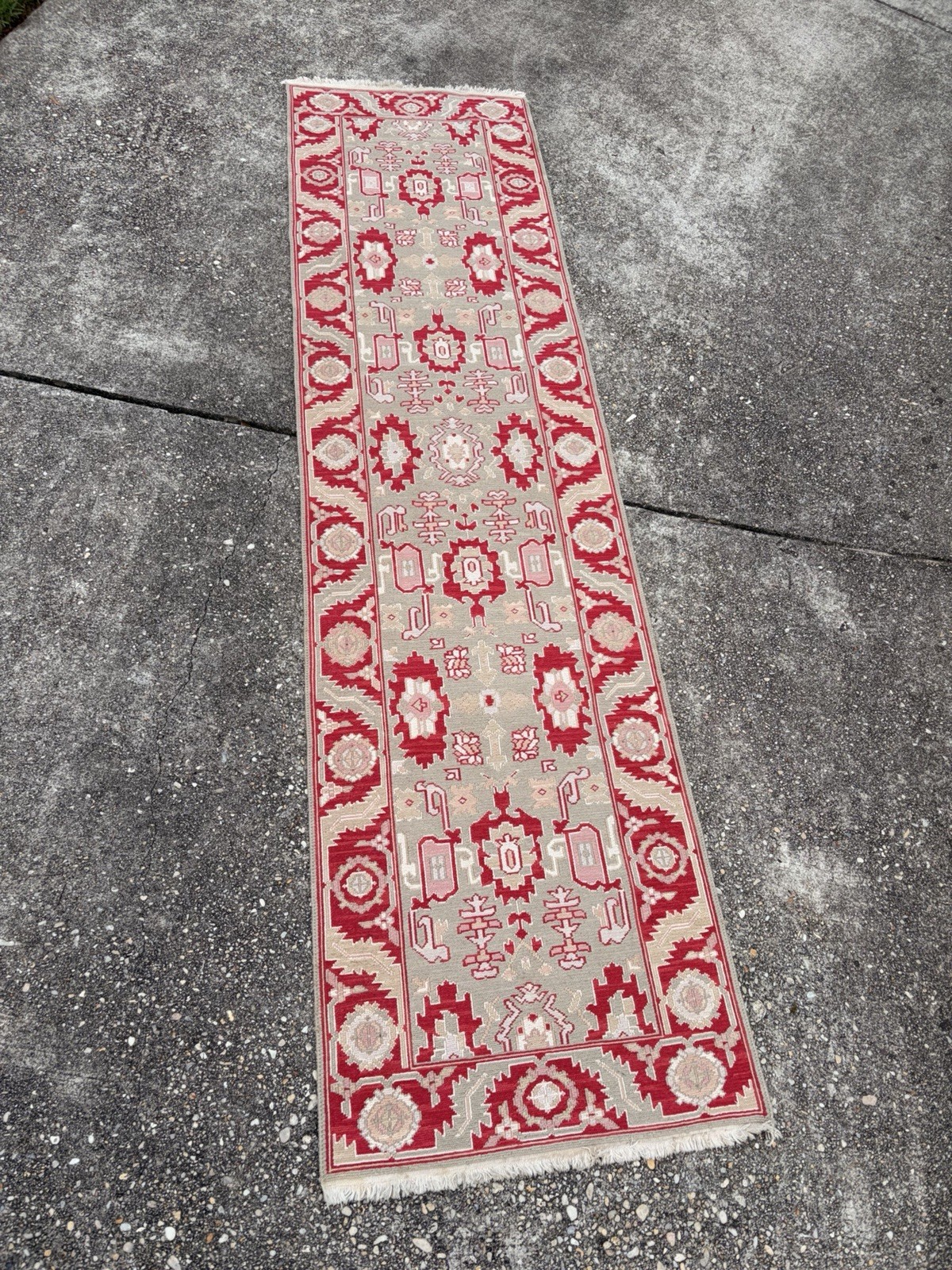 Vintage Turkish Oushak Rug Runner Handmade Wool 10.2 X 2.7ftRed Beige White Pink gallery