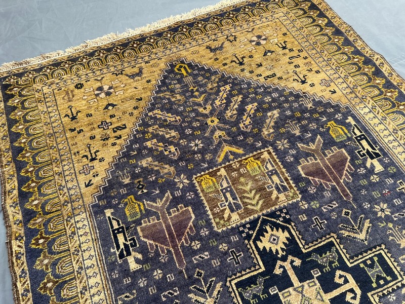 Antique Afghan War Rug 3'9x6'6 – Handmade Wool Tribal Blue Beige Geometric Rug gallery