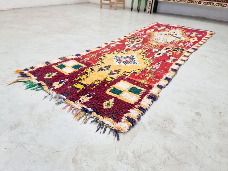 Moroccan Handmade Vintage Rug 2'6x7' Berber Geometric Red & Yellow Cotton Rug gallery