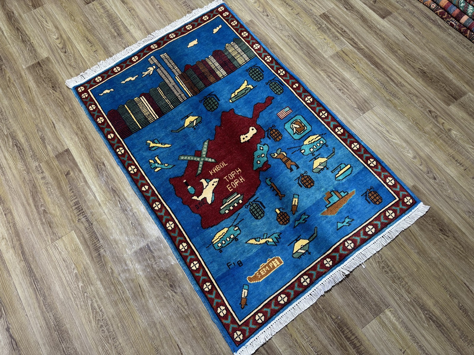 Afghan War Rug 2'7x4'1 Hand Knotted Wool 9/11 Pictorial Blue Tribal Wall Art Rug gallery