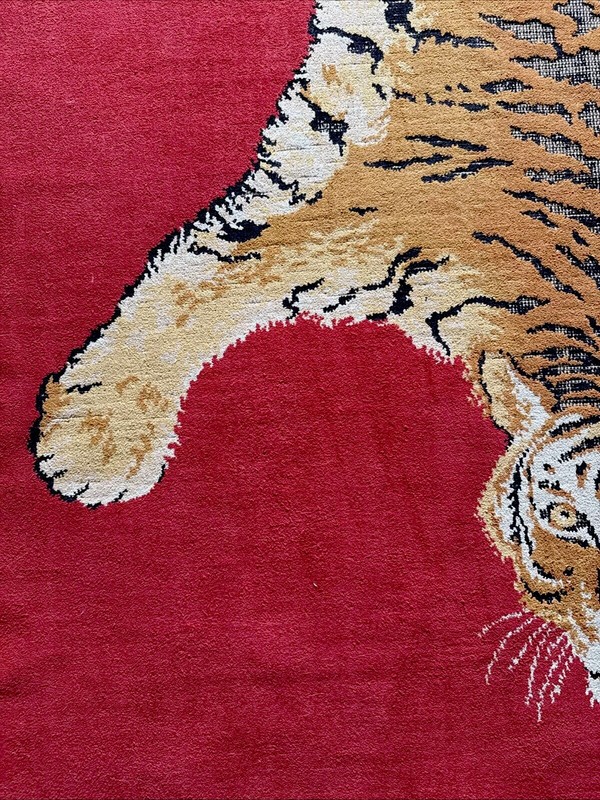 Mid-Century Belgian Moroccan Style Faux Taxidermy Bengal Tiger Red Area Rug VTG gallery