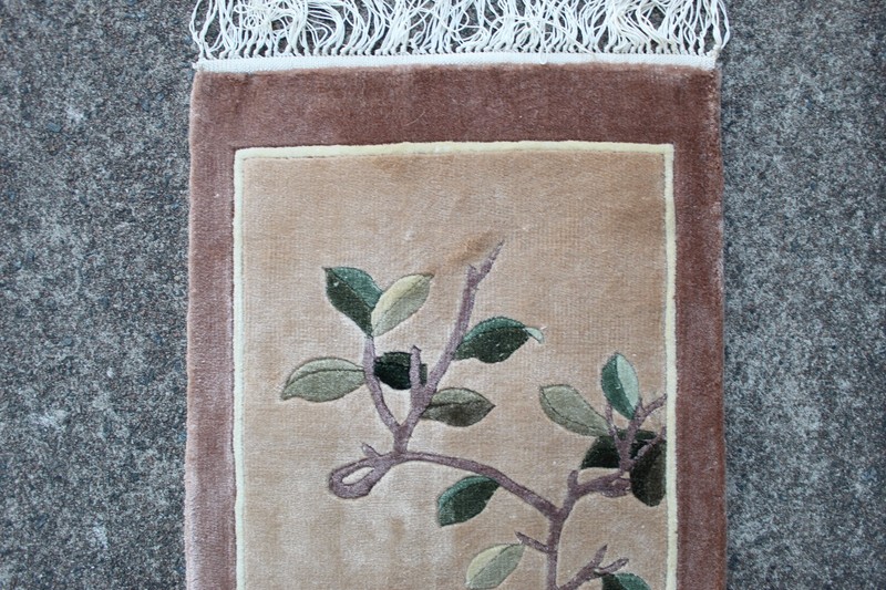 Vintage Silk Rug Hand Made Art Deco Chinese Oriental Brown Small Rug 62x32cm gallery