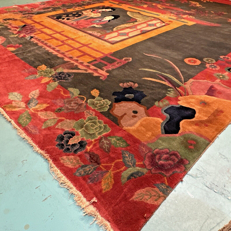 Auth: 20's Pictorial Art Deco Chinese Rug XI Xiang Ji Love Legend 9x12 gallery