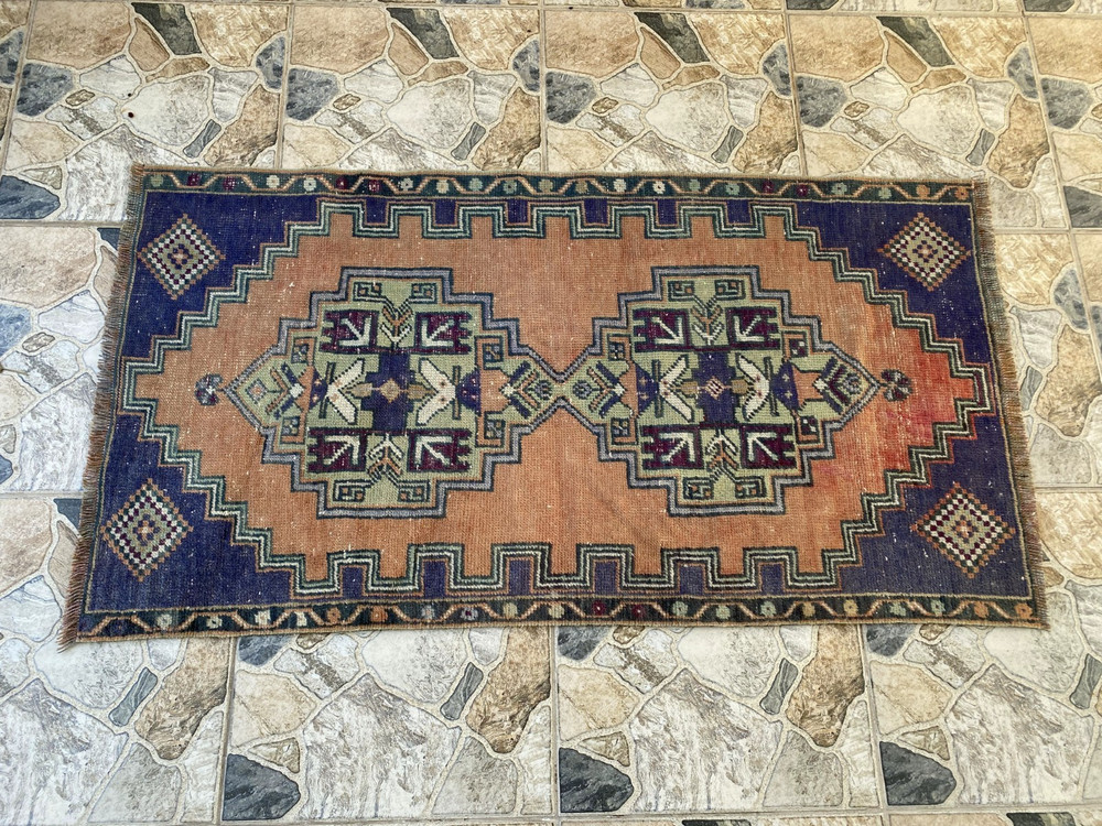 Handmade Vintage Turkish Wool Rug 2.5x4.6 ft Tribal Geometric Anatolian Carpet