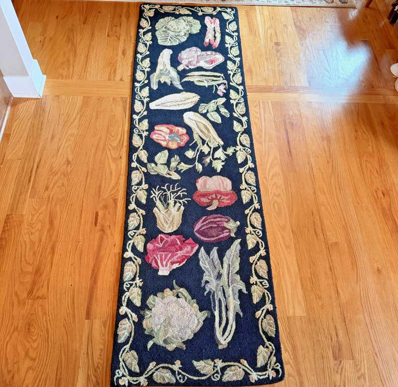 Antique 1910 Primitive Hooked Rug Vegetables Garden Farmhouse Rug Runner 26x92 gallery
