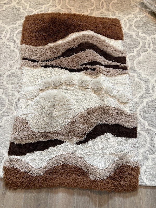 Vintage MCM Rya Abstract Art Brown And Cream Rug 1970’s gallery