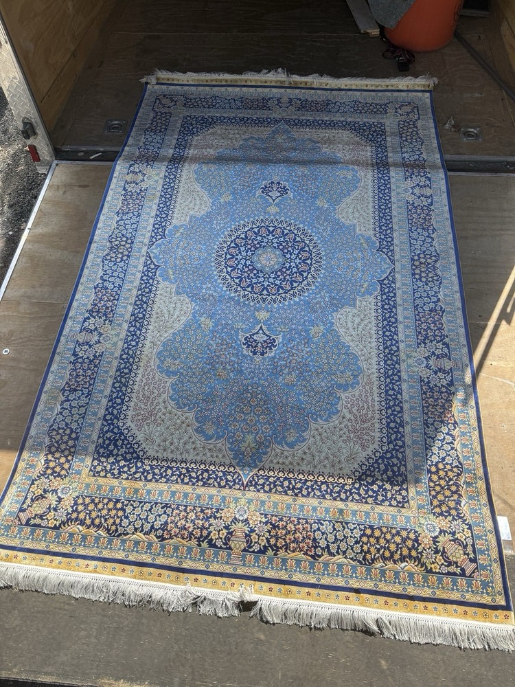 Oriental Silk Rug Blue Handmade Silk Carpet Luxury Rug