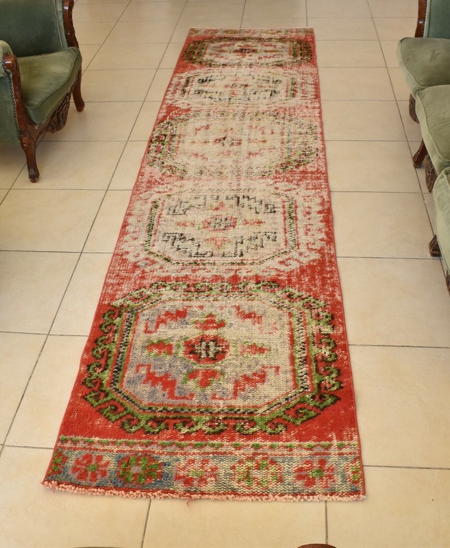 Distressed Oushak Rug 2.6x10.9 ft Handwoven Traditional Long Vintage Runner C38 gallery