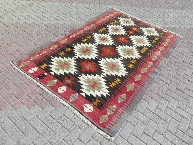 Vintage Geometric Tribal Turkish Carpet, Handmade Large Multicolor Rug 68"x105" gallery