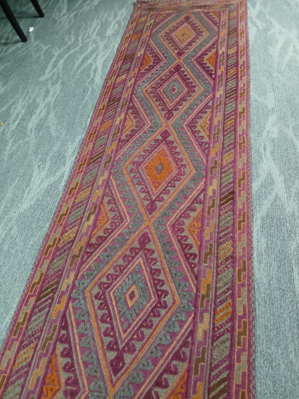 2'7"x12'4" Pink/purple Meshwani Tribal 100% Wool Handmade Long Kilim Runner Rug gallery