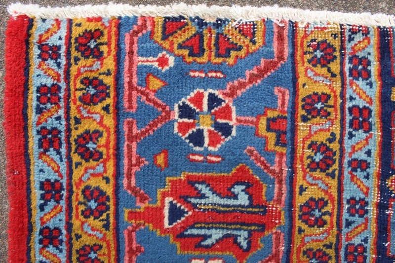 Vintage Worn Fragment Hand Made Traditional Oriental Wool Red Blue Rug 201x110cm gallery