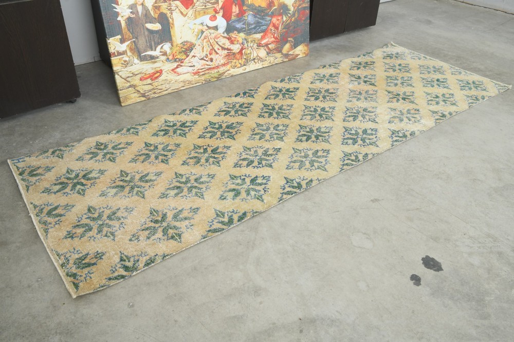 3x8 Turkish Runner Hand-Knotted Vintage Oushak Wool Rug Runner Long Carpet,1122