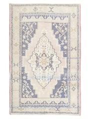Muted Vintage Turkish Pink Blue Rug 3.11×6 ft Oushak Hand Knotted Wool Carpet