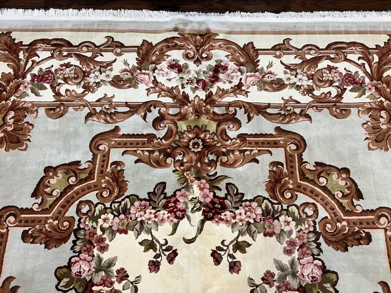 Aubusson Rug 10x13 Cream Mint Green Handmade French European Wool Pile Large Rug gallery